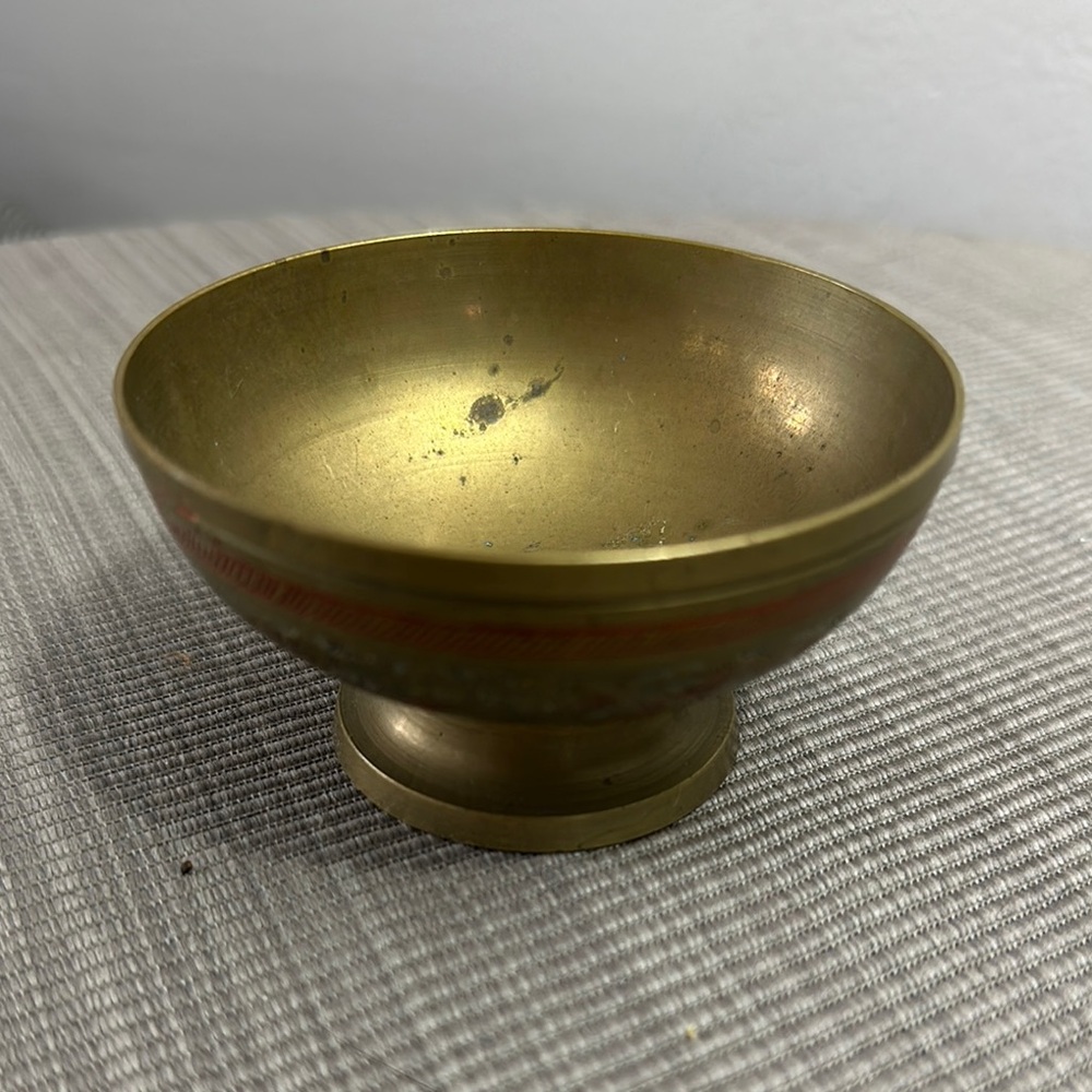 Vintage Brass Bowl with colorful etching